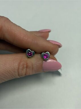 Suzy Levian Heart Shape Stud Silver Earrings Red/Pink CZ NWT